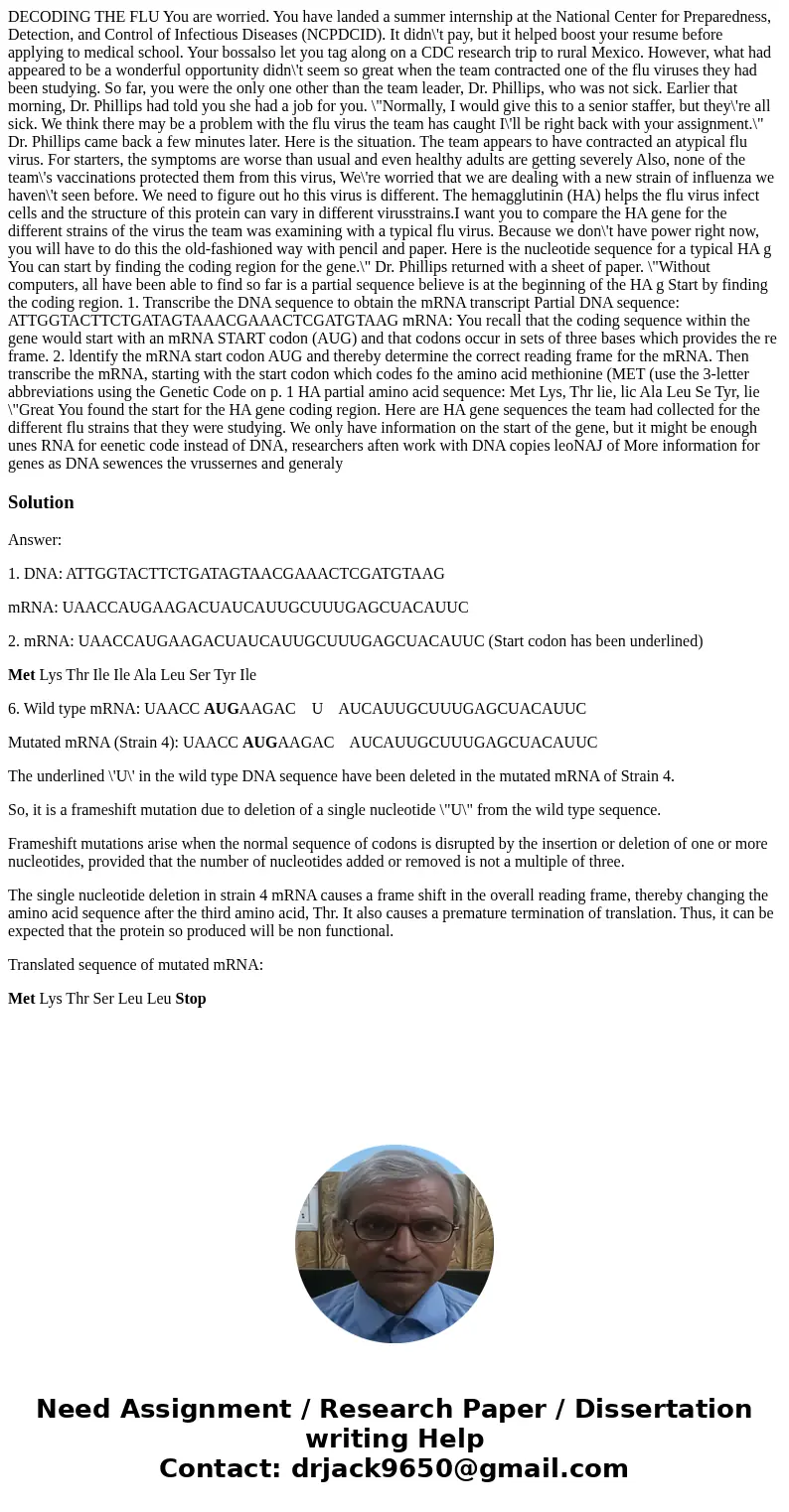  DECODING THE FLU You are worried. You have landed a summer internship at the National Center for Preparedness, Detection, and Control of Infectious Diseases (N