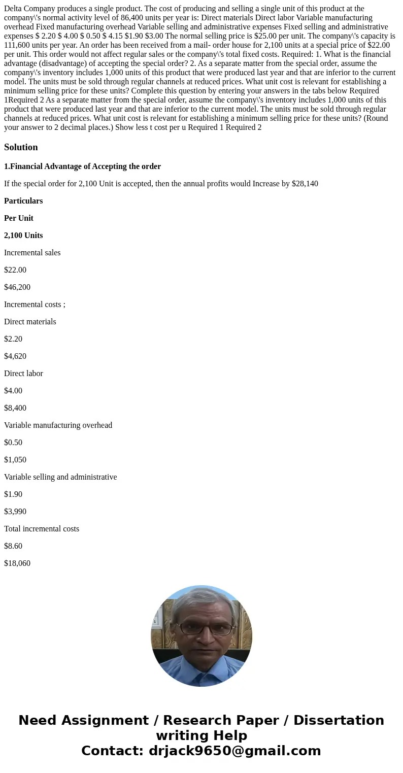  Delta Company produces a single product. The cost of producing and selling a single unit of this product at the company\'s normal activity level of 86,400 unit