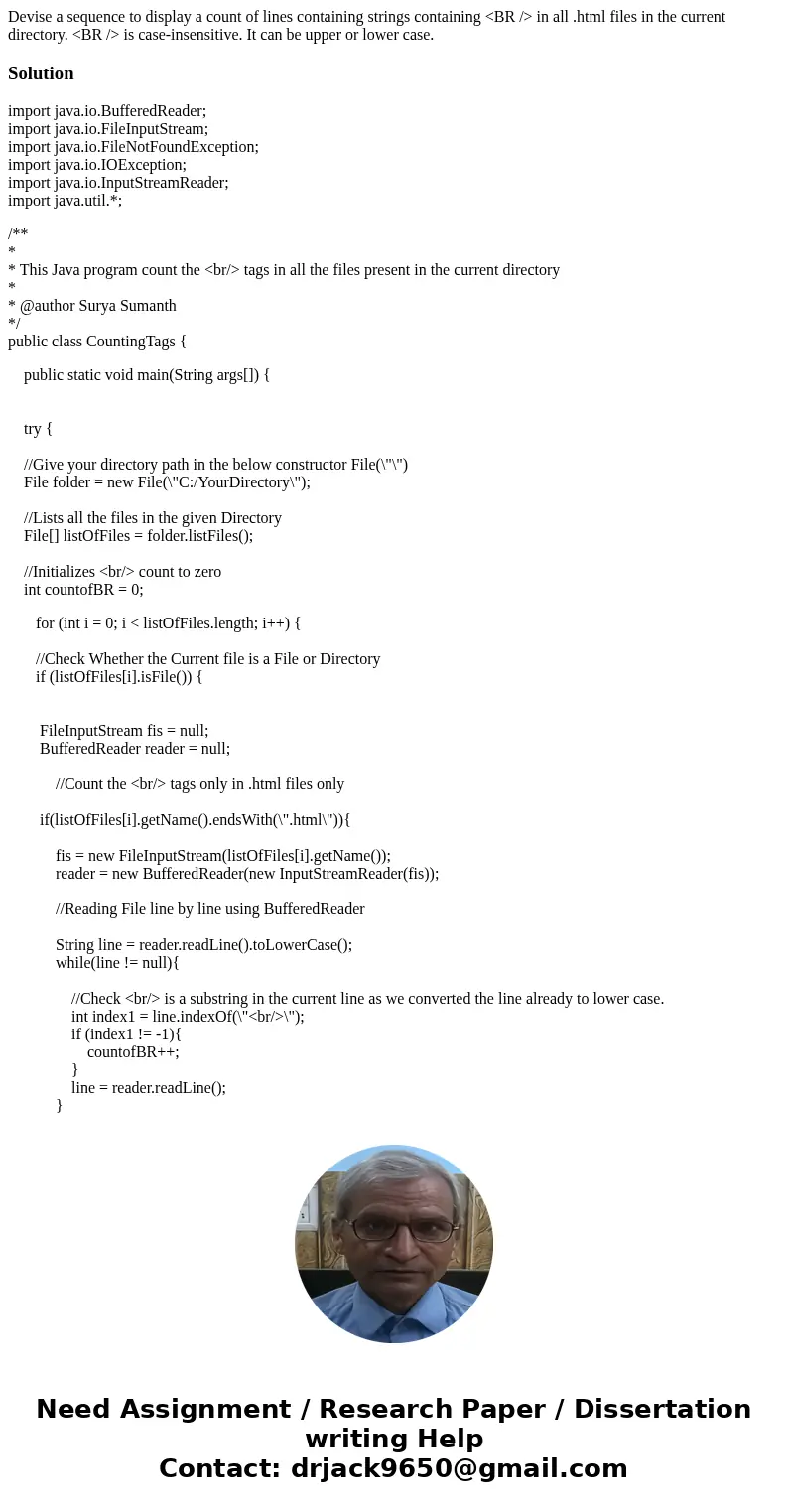 Devise a sequence to display a count of lines containing strings containing <BR /> in all .html files in the current directory. <BR /> is case-insen