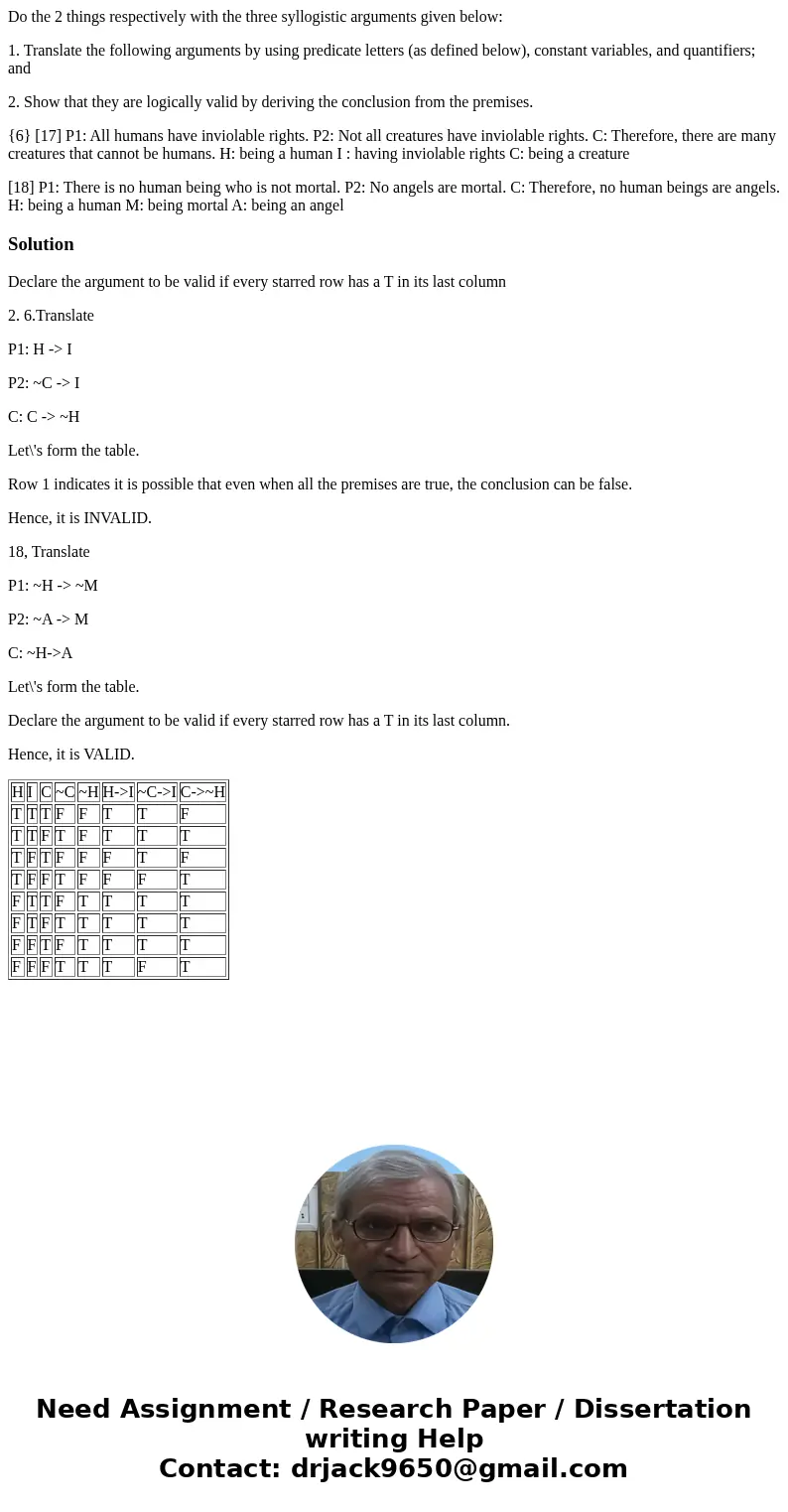 Do the 2 things respectively with the three syllogistic arguments given below: 1. Translate the following arguments by using predicate letters (as defined below Do the 2 things respectively with the three syllogistic arguments given below: 1. Translate the following arguments by using predicate letters (as defined below