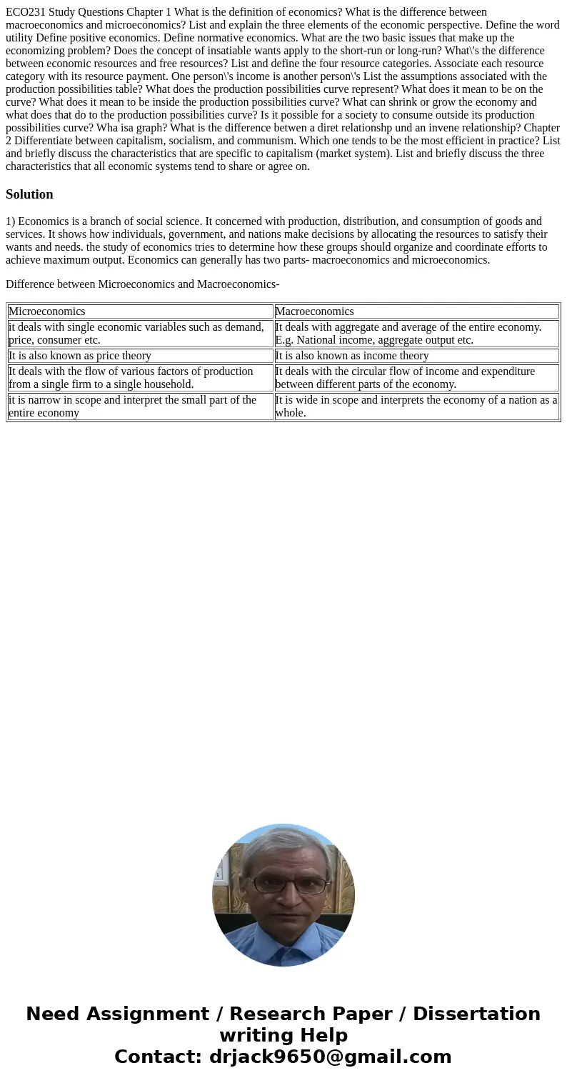 ECO231 Study Questions Chapter 1 What is the definition of economics? What is the difference between macroeconomics and microeconomics? List and explain the th  ECO231 Study Questions Chapter 1 What is the definition of economics? What is the difference between macroeconomics and microeconomics? List and explain the th