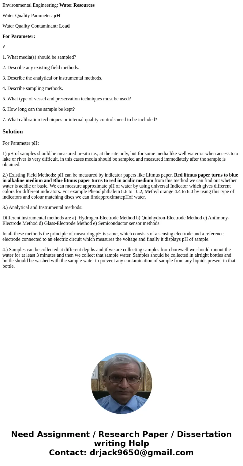 Environmental Engineering: Water Resources Water Quality Parameter: pH Water Quality Contaminant: Lead For Parameter: ? 1. What media(s) should be sampled? 2. D Environmental Engineering: Water Resources Water Quality Parameter: pH Water Quality Contaminant: Lead For Parameter: ? 1. What media(s) should be sampled? 2. D