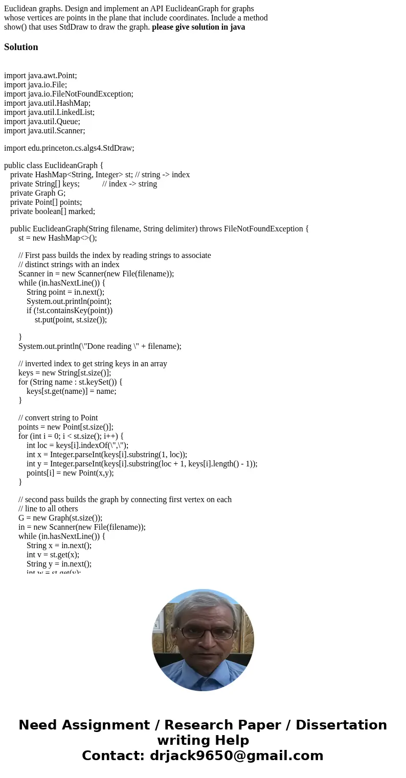 Euclidean graphs. Design and implement an API EuclideanGraph for graphs whose vertices are points in the plane that include coordinates. Include a method show()