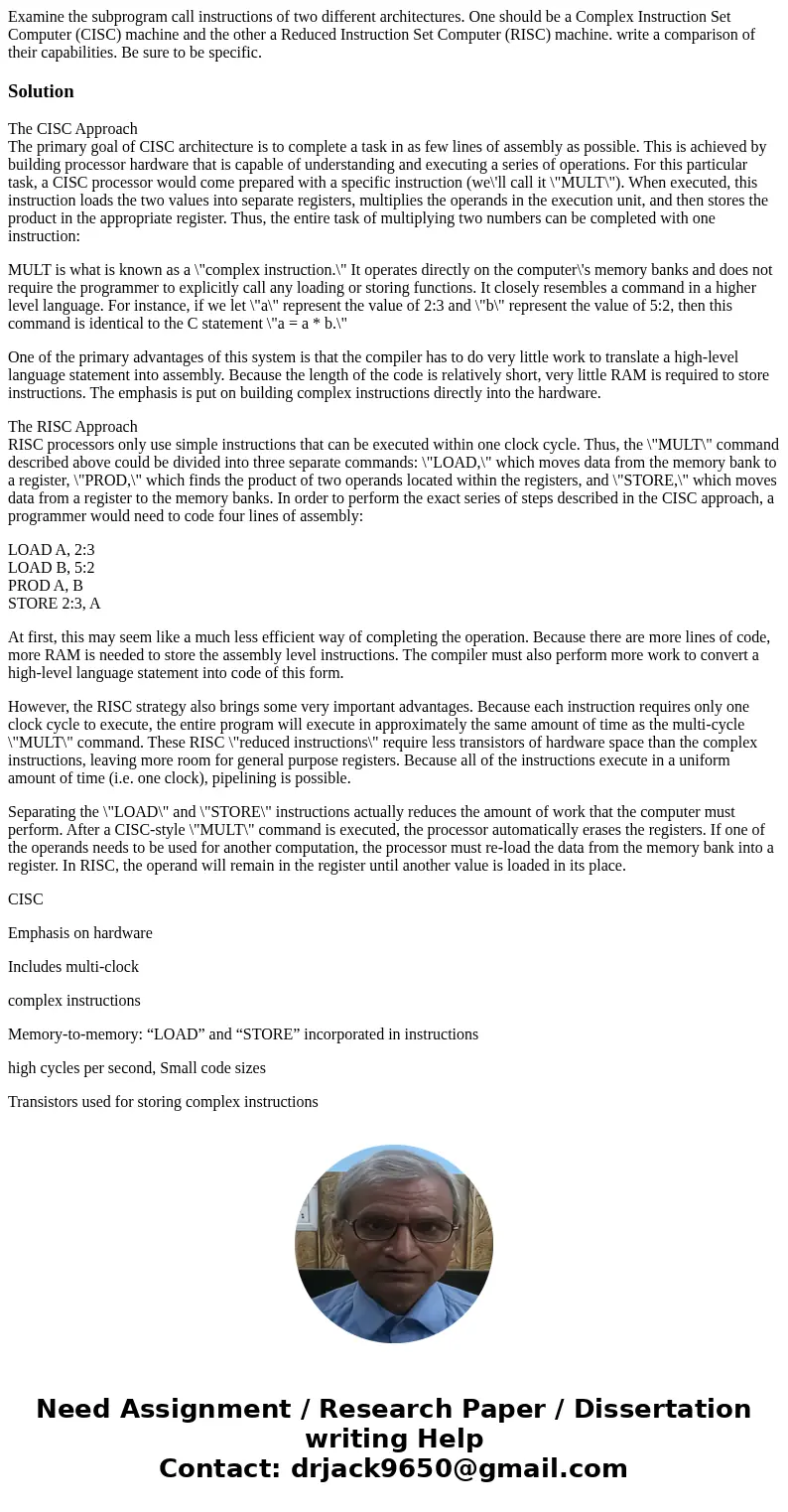Examine the subprogram call instructions of two different architectures. One should be a Complex Instruction Set Computer (CISC) machine and the other a Reduced