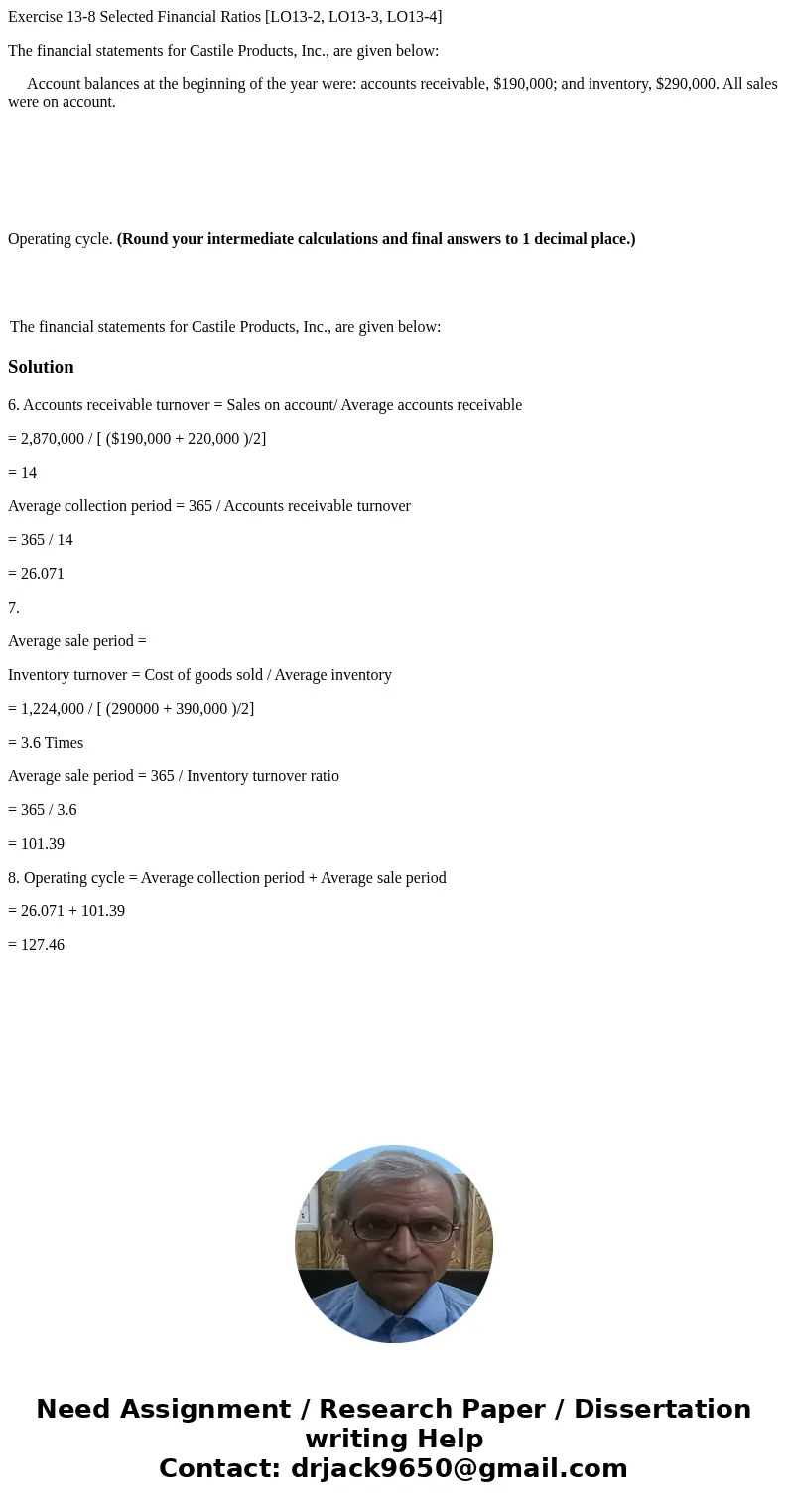 Exercise 13-8 Selected Financial Ratios [LO13-2, LO13-3, LO13-4] The financial statements for Castile Products, Inc., are given below: Account balances at the b