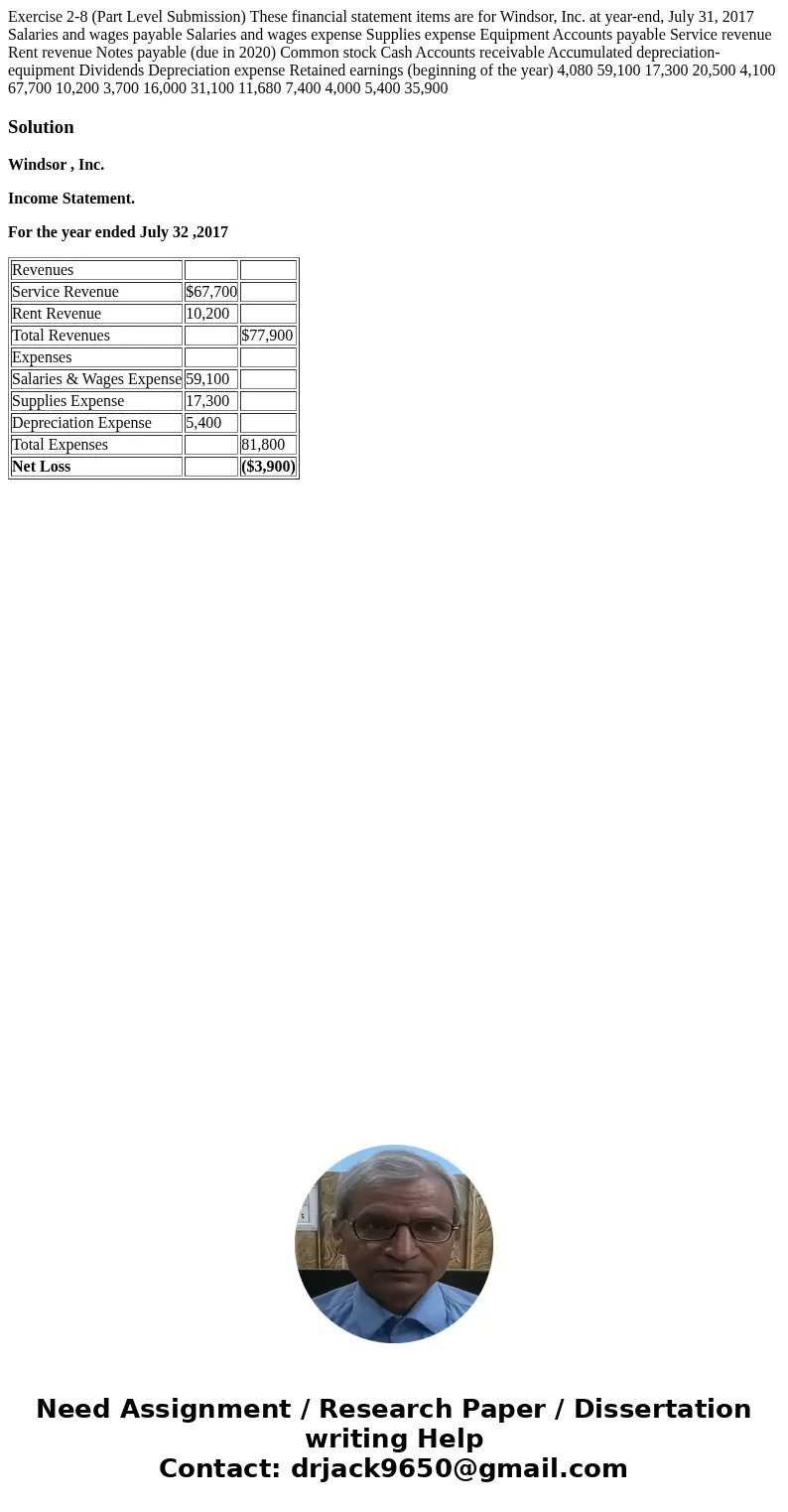 Exercise 2-8 (Part Level Submission) These financial statement items are for Windsor, Inc. at year-end, July 31, 2017 Salaries and wages payable Salaries and w  Exercise 2-8 (Part Level Submission) These financial statement items are for Windsor, Inc. at year-end, July 31, 2017 Salaries and wages payable Salaries and w