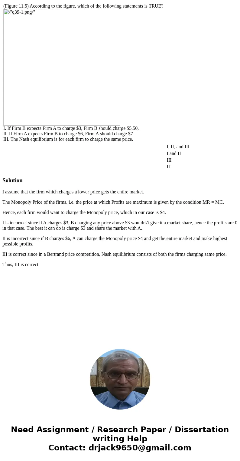  (Figure 11.5) According to the figure, which of the following statements is TRUE? I. If Firm B expects Firm A to charge $3, Firm B should charge $5.50. II. If 