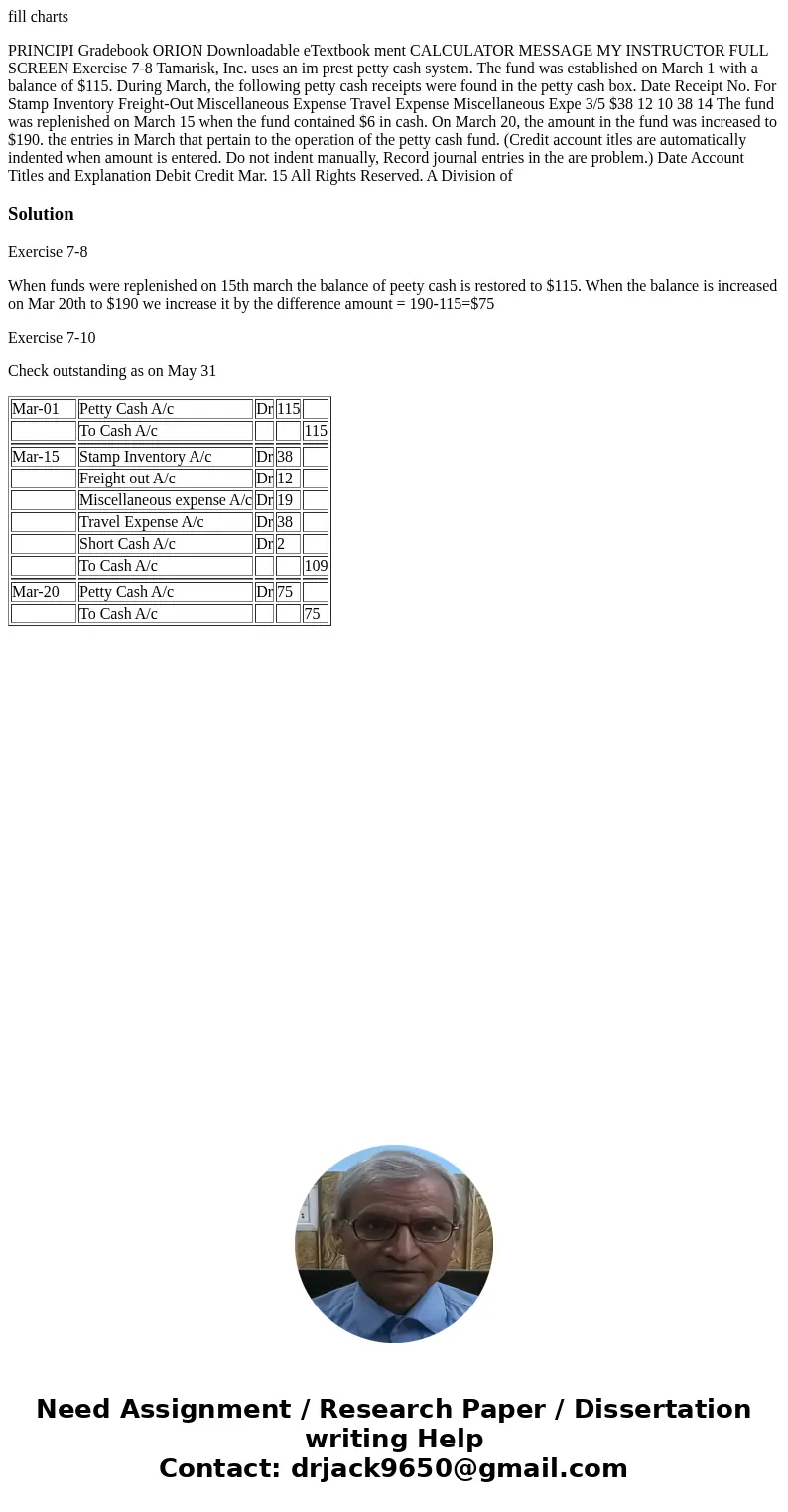  fill charts PRINCIPI Gradebook ORION Downloadable eTextbook ment CALCULATOR MESSAGE MY INSTRUCTOR FULL SCREEN Exercise 7-8 Tamarisk, Inc. uses an im prest pett