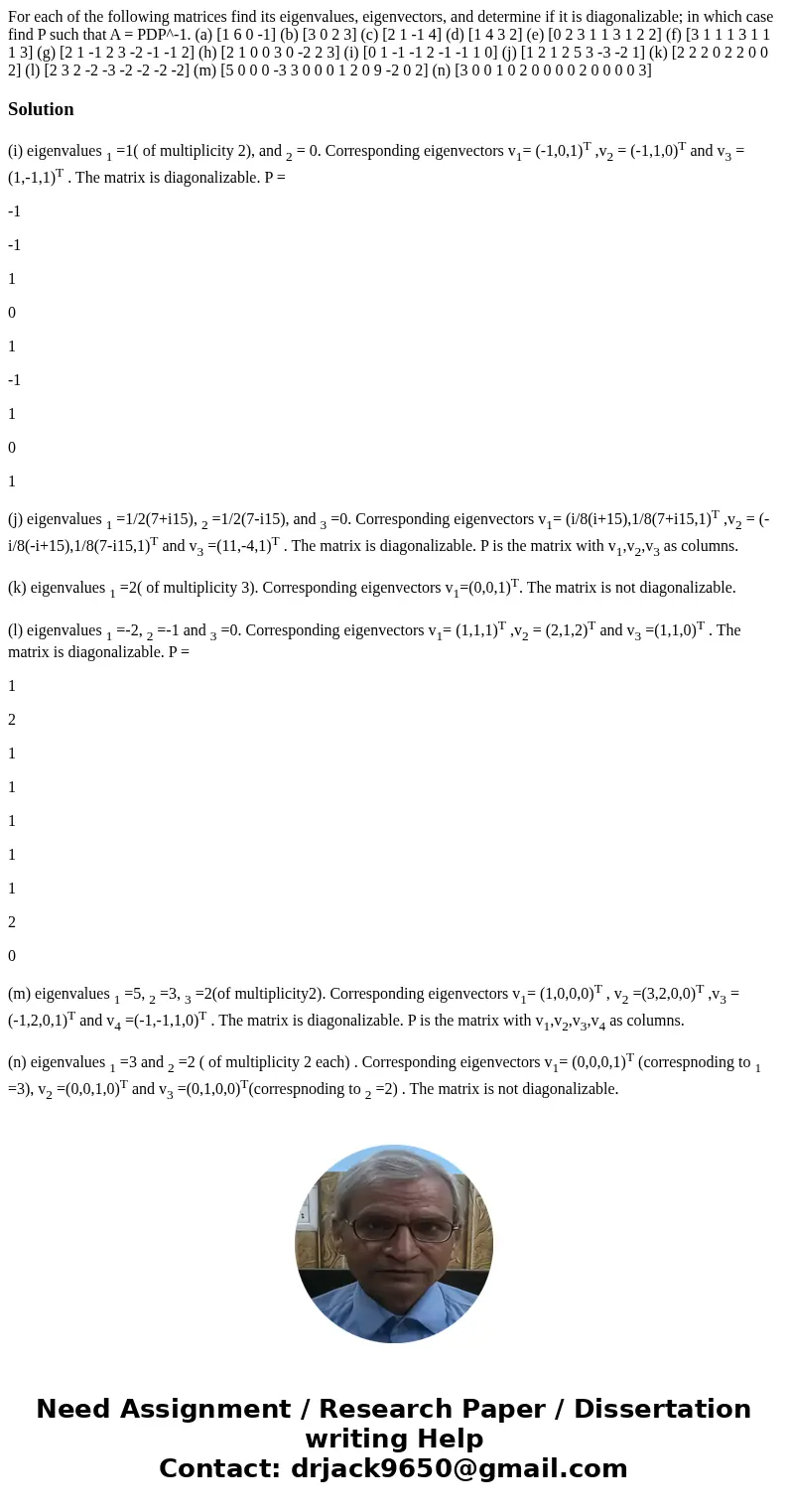  For each of the following matrices find its eigenvalues, eigenvectors, and determine if it is diagonalizable; in which case find P such that A = PDP^-1. (a) [1