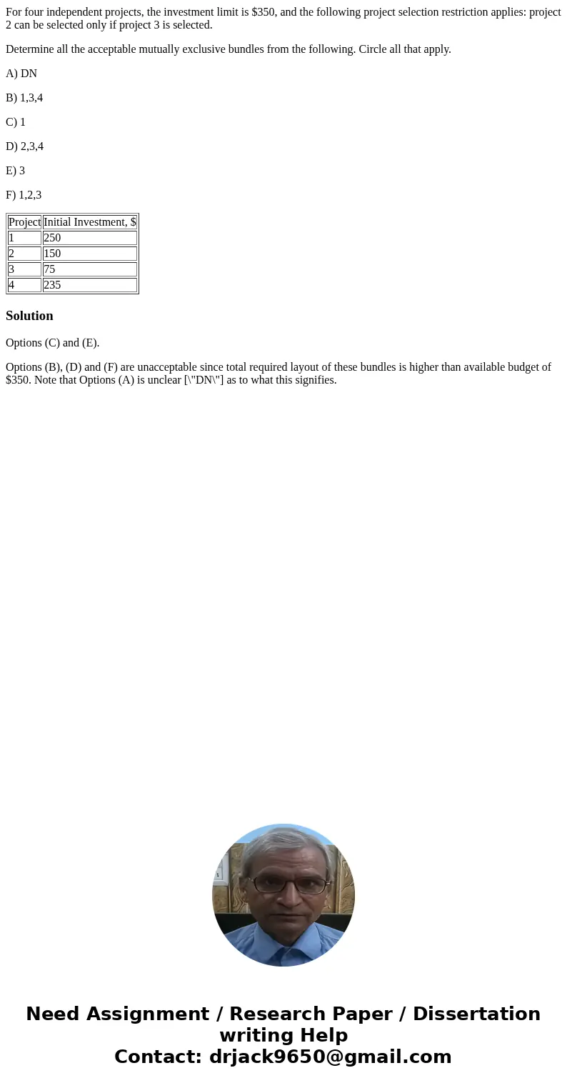 For four independent projects, the investment limit is $350, and the following project selection restriction applies: project 2 can be selected only if project  For four independent projects, the investment limit is $350, and the following project selection restriction applies: project 2 can be selected only if project