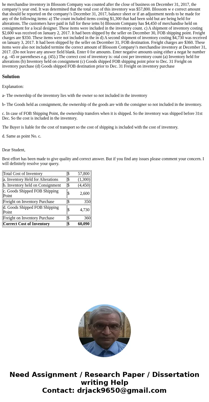 he merchandise inventory in Blossom Company was counted after the close of business on December 31, 2017, the company\'s year end. It was determined that the t  he merchandise inventory in Blossom Company was counted after the close of business on December 31, 2017, the company\'s year end. It was determined that the t