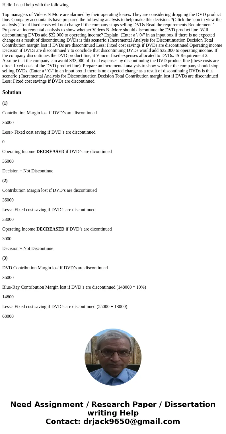 Hello I need help with the following. Top managers of Videos N More are alarmed by their operating losses. They are considering dropping the DVD product line. C Hello I need help with the following. Top managers of Videos N More are alarmed by their operating losses. They are considering dropping the DVD product line. C