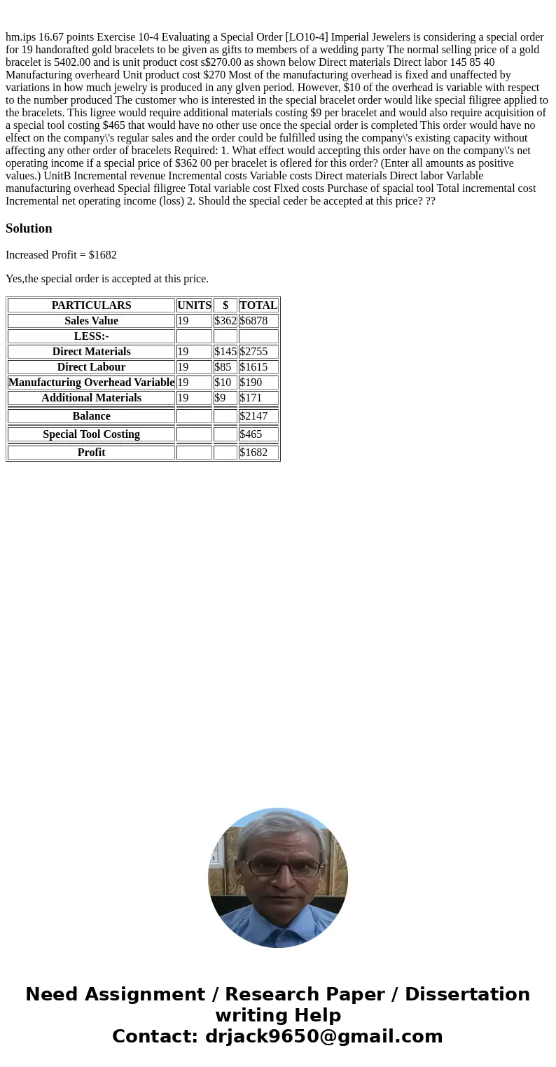  hm.ips 16.67 points Exercise 10-4 Evaluating a Special Order [LO10-4] Imperial Jewelers is considering a special order for 19 handorafted gold bracelets to be 