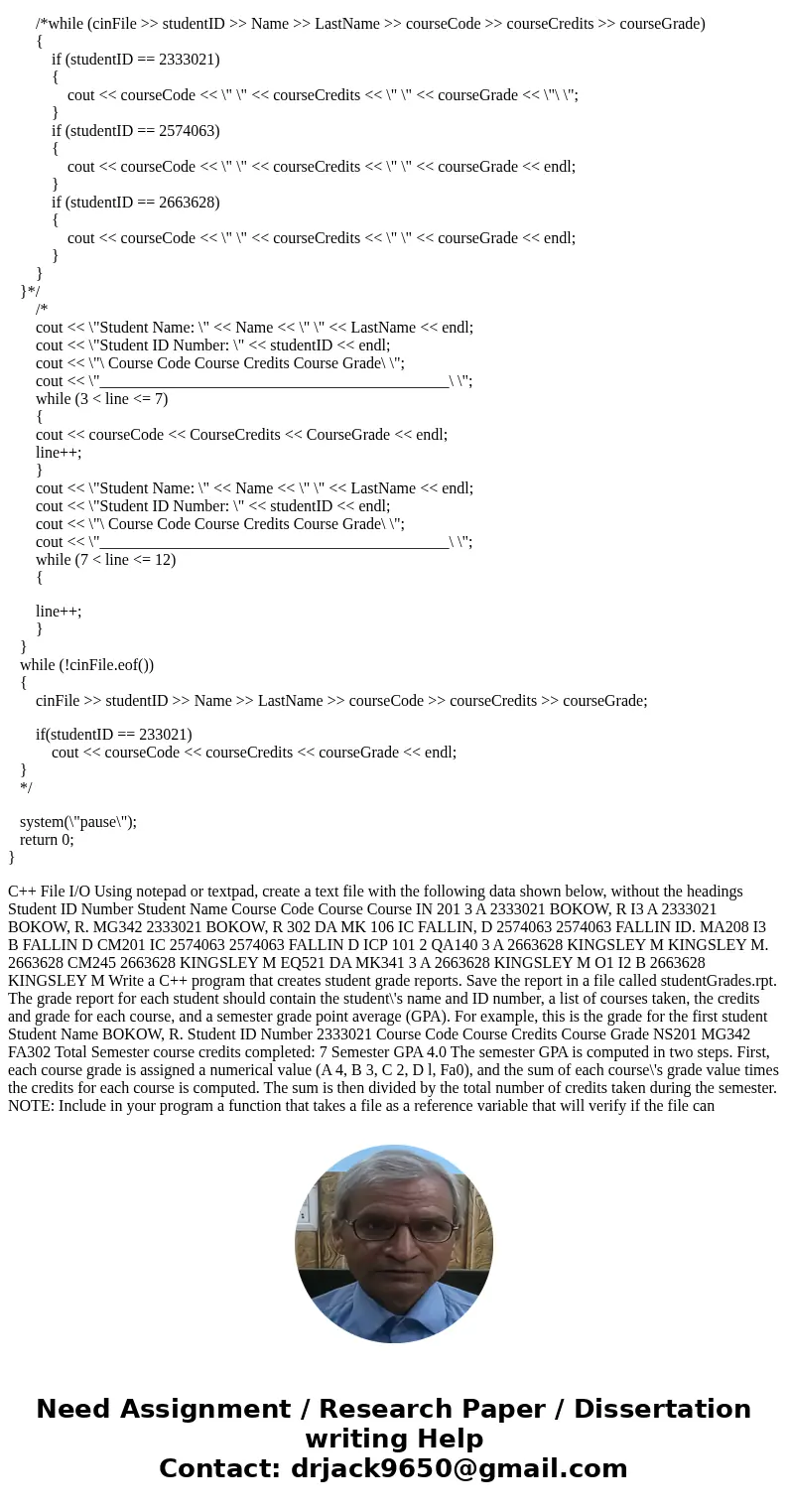I am writing a C++ program and I am having some trouble getting it to work, this is the assignment: And this is what is in my .txt file: 2333021 BOKOW, R. NS201