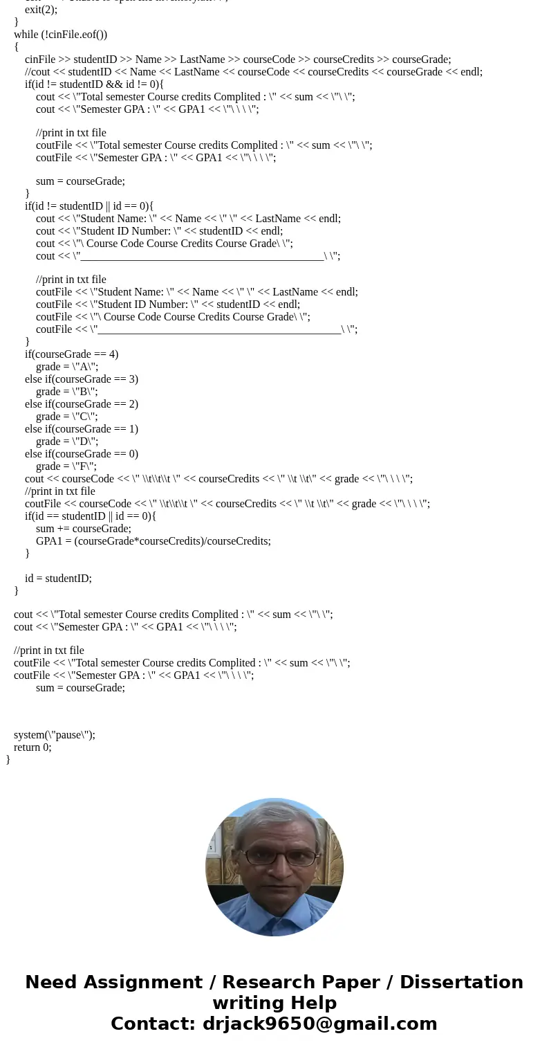 I am writing a C++ program and I am having some trouble getting it to work, this is the assignment: And this is what is in my .txt file: 2333021 BOKOW, R. NS201