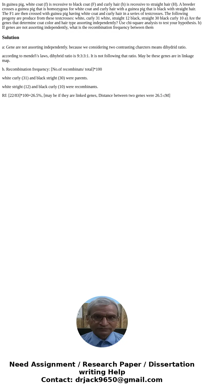 In guinea pig, white coat (f) is recessive to black coat (F) and curly hair (h) is recessive to straight hair (H). A breeder crosses a guinea pig that is homoz  In guinea pig, white coat (f) is recessive to black coat (F) and curly hair (h) is recessive to straight hair (H). A breeder crosses a guinea pig that is homoz