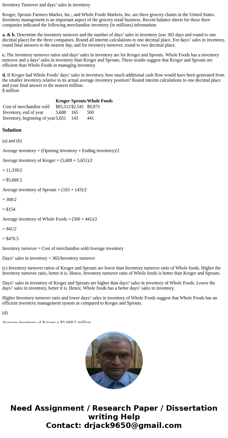 Inventory Turnover and days’ sales in inventory Kroger, Sprouts Farmers Market, Inc., and Whole Foods Markets, Inc. are three grocery chains in the United State Inventory Turnover and days’ sales in inventory Kroger, Sprouts Farmers Market, Inc., and Whole Foods Markets, Inc. are three grocery chains in the United State