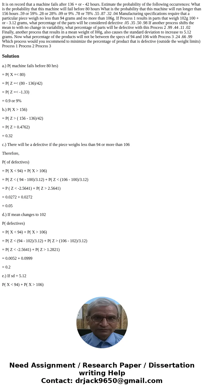 It is on record that a machine fails after 136 + or - 42 hours. Estimate the probability of the following occurrences: What is the probability that this machin  It is on record that a machine fails after 136 + or - 42 hours. Estimate the probability of the following occurrences: What is the probability that this machin