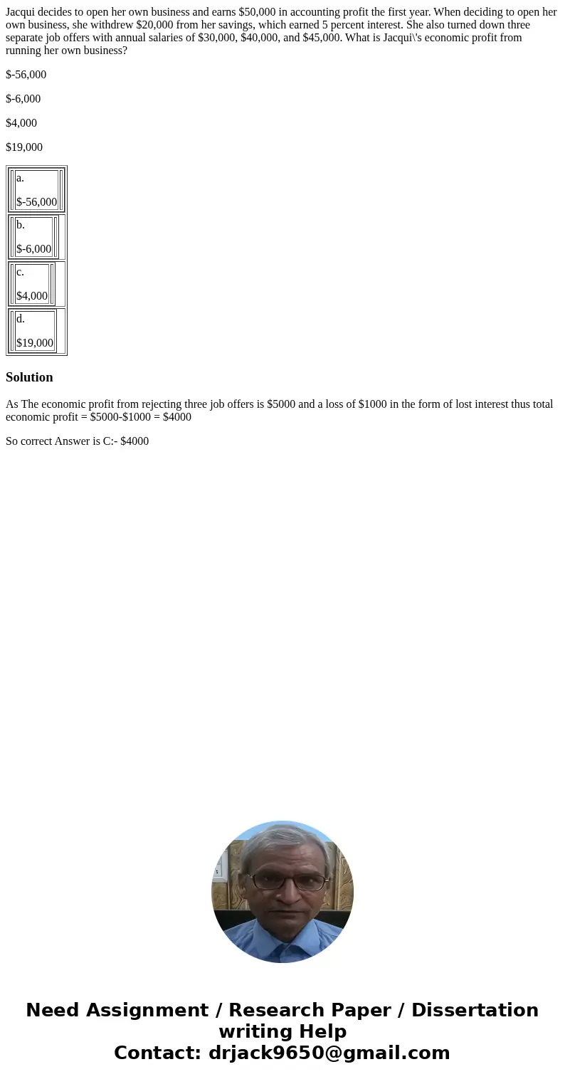 Jacqui decides to open her own business and earns $50,000 in accounting profit the first year. When deciding to open her own business, she withdrew $20,000 from Jacqui decides to open her own business and earns $50,000 in accounting profit the first year. When deciding to open her own business, she withdrew $20,000 from