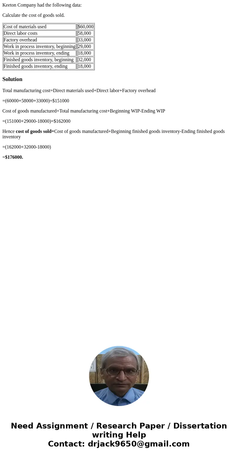 Keeton Company had the following data: Calculate the cost of goods sold. Cost of materials used $60,000 Direct labor costs 58,000 Factory overhead 33,000 Work i