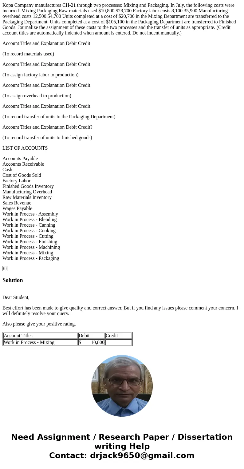 Kopa Company manufactures CH-21 through two processes: Mixing and Packaging. In July, the following costs were incurred. Mixing Packaging Raw materials used $10 Kopa Company manufactures CH-21 through two processes: Mixing and Packaging. In July, the following costs were incurred. Mixing Packaging Raw materials used $10