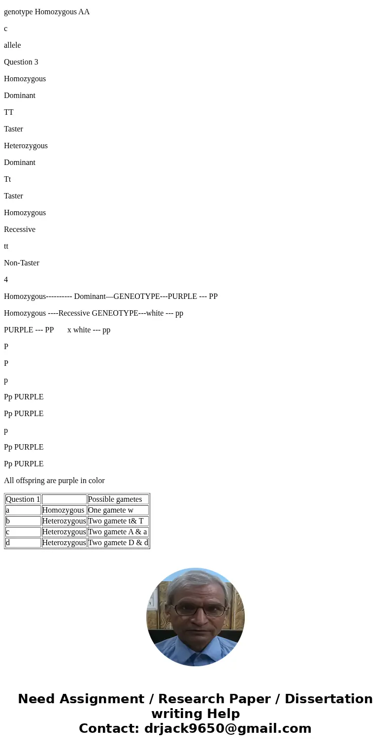  Learn the genetics vocabulary (see HW4)] For each of the following genotypes, identify (a) it is homologous or heterozygous; and the possible gametes for that 