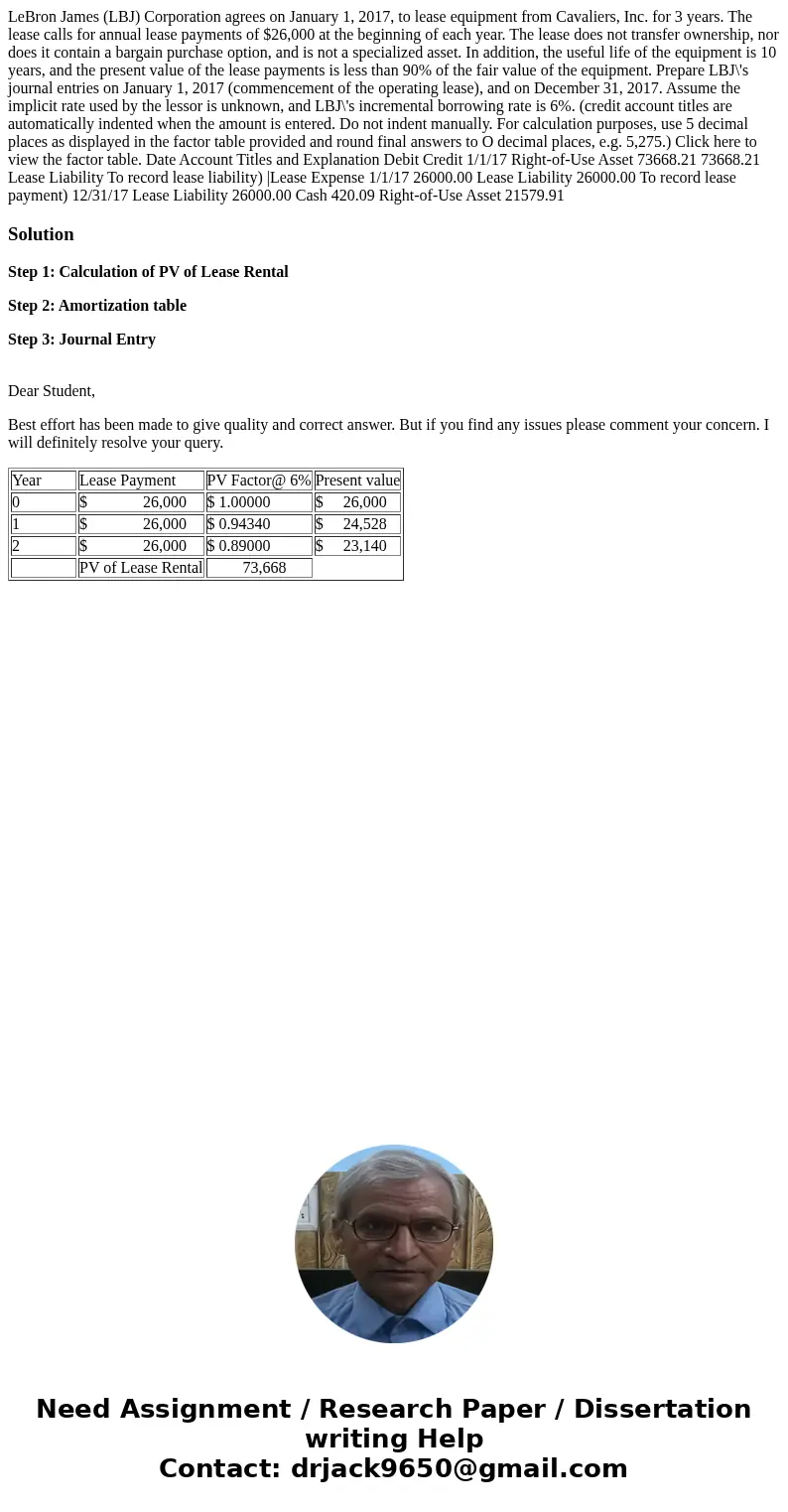  LeBron James (LBJ) Corporation agrees on January 1, 2017, to lease equipment from Cavaliers, Inc. for 3 years. The lease calls for annual lease payments of $26