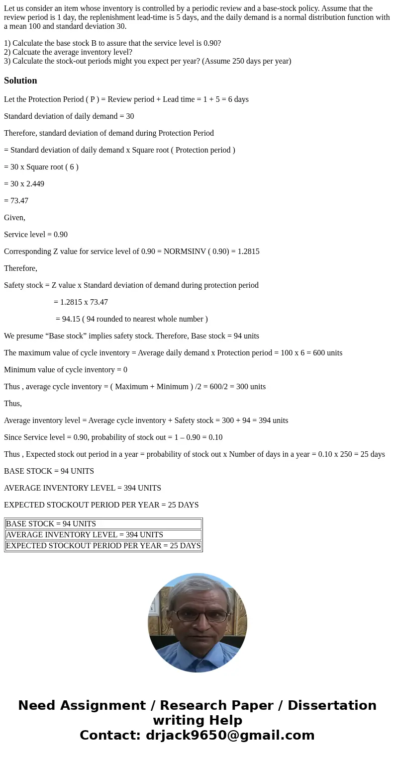 Let us consider an item whose inventory is controlled by a periodic review and a base-stock policy. Assume that the review period is 1 day, the replenishment le Let us consider an item whose inventory is controlled by a periodic review and a base-stock policy. Assume that the review period is 1 day, the replenishment le
