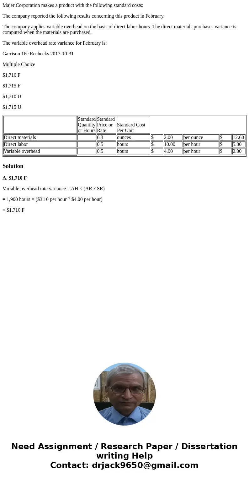 Majer Corporation makes a product with the following standard costs: The company reported the following results concerning this product in February. The company