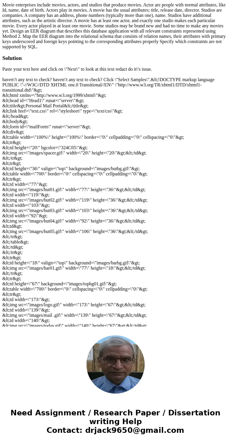 Movie enterprises include movies, actors, and studios that produce movies. Actor are people with normal attributes, like Id, name, date of birth. Actors play i  Movie enterprises include movies, actors, and studios that produce movies. Actor are people with normal attributes, like Id, name, date of birth. Actors play i