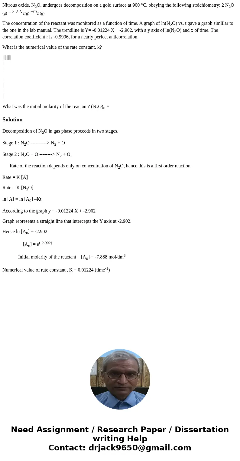 Nitrous oxide, N2O, undergoes decomposition on a gold surface at 900 °C, obeying the following stoichiometry: 2 N2O (g) --> 2 N2(g) +O2 (g) The concentration Nitrous oxide, N2O, undergoes decomposition on a gold surface at 900 °C, obeying the following stoichiometry: 2 N2O (g) --> 2 N2(g) +O2 (g) The concentration