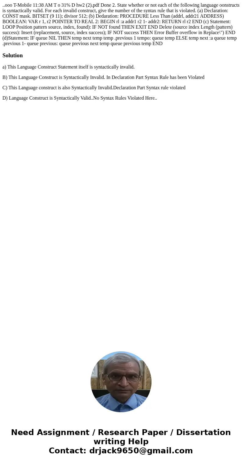..ooo T-Mobile 11:38 AM T o 31% D hw2 (2).pdf Done 2. State whether or not each of the following language oonstructs is syntactically valid. For each invalid c  ..ooo T-Mobile 11:38 AM T o 31% D hw2 (2).pdf Done 2. State whether or not each of the following language oonstructs is syntactically valid. For each invalid c