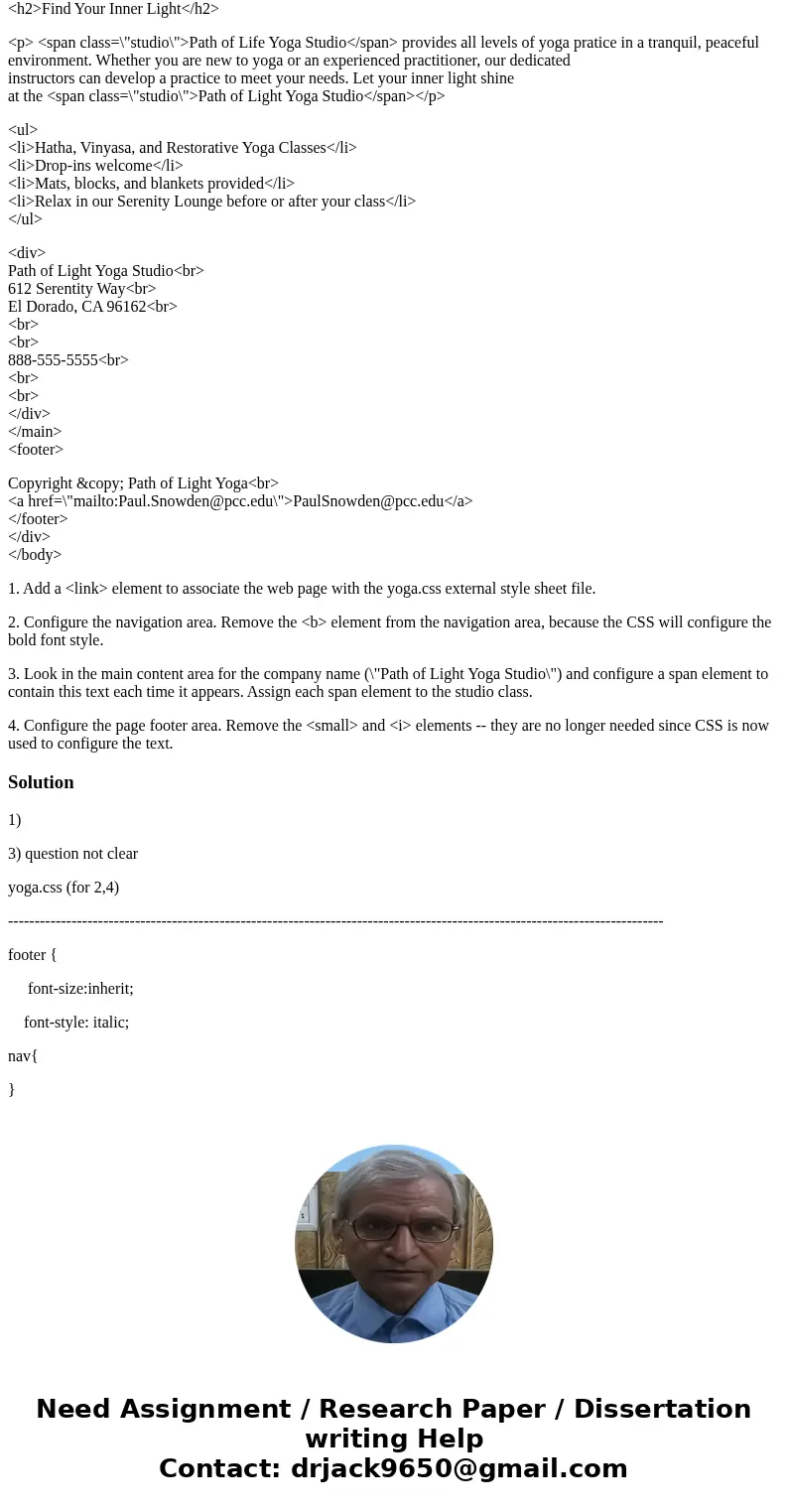 Open the index.html file and modify it to apply styles from the yoga.css external style sheet. <!DOCTYPE html> <html lang=\ Open the index.html file and modify it to apply styles from the yoga.css external style sheet. <!DOCTYPE html> <html lang=\