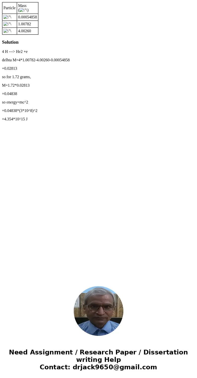 Particle Mass () 0.00054858 1.00782 4.00260 Solution4 H ---> He2 +e delhta M=4*1.00782-4.00260-0.00054858 =0.02813 so for 1.72 grams, M=1.72*0.02813 =0.0483  Particle Mass () 0.00054858 1.00782 4.00260 Solution4 H ---> He2 +e delhta M=4*1.00782-4.00260-0.00054858 =0.02813 so for 1.72 grams, M=1.72*0.02813 =0.0483