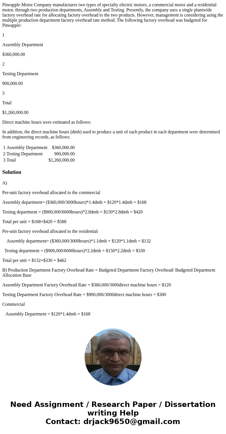 Pineapple Motor Company manufactures two types of specialty electric motors, a commercial motor and a residential motor, through two production departments, Ass