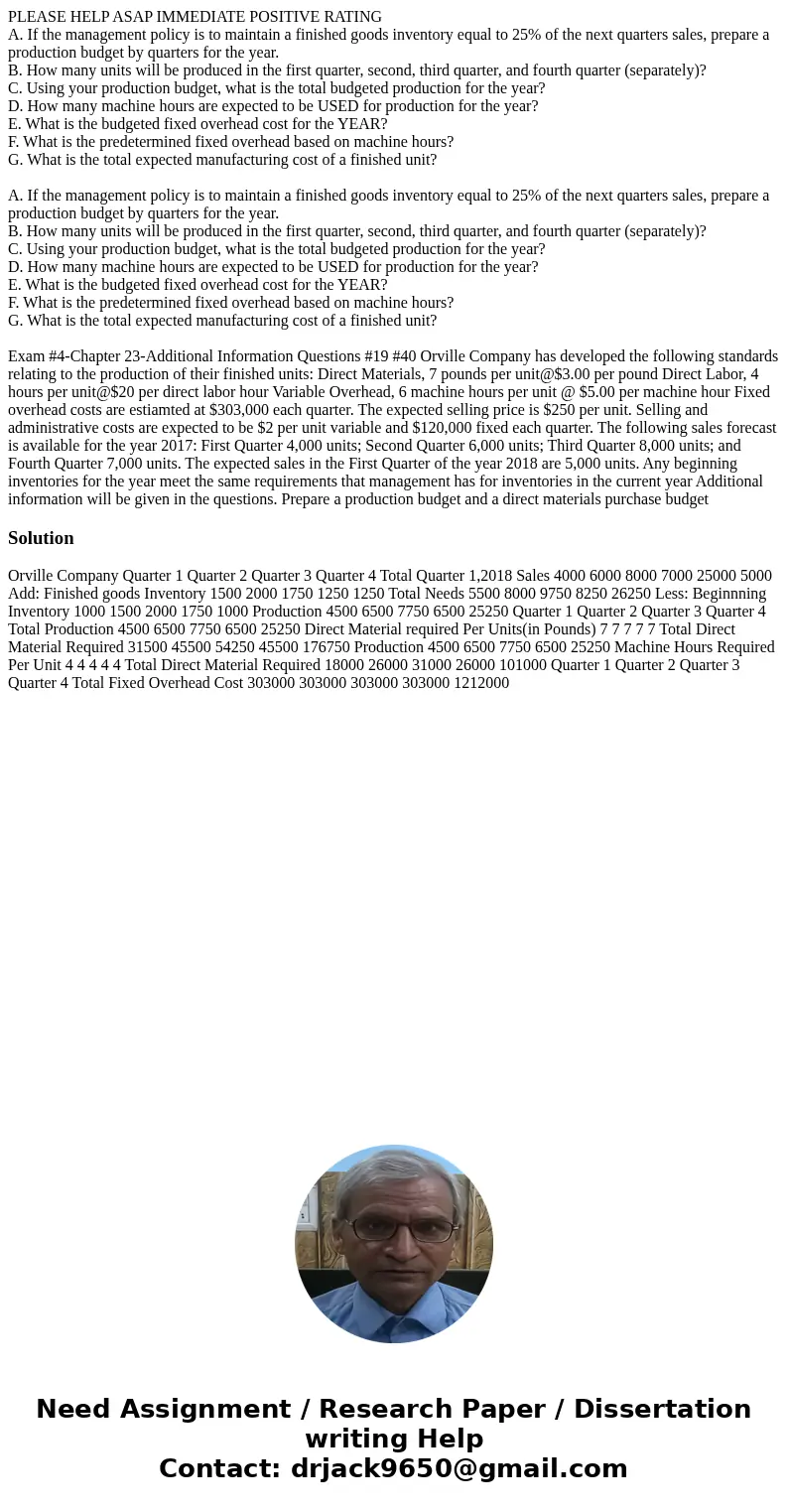 PLEASE HELP ASAP IMMEDIATE POSITIVE RATING A. If the management policy is to maintain a finished goods inventory equal to 25% of the next quarters sales, prepar PLEASE HELP ASAP IMMEDIATE POSITIVE RATING A. If the management policy is to maintain a finished goods inventory equal to 25% of the next quarters sales, prepar