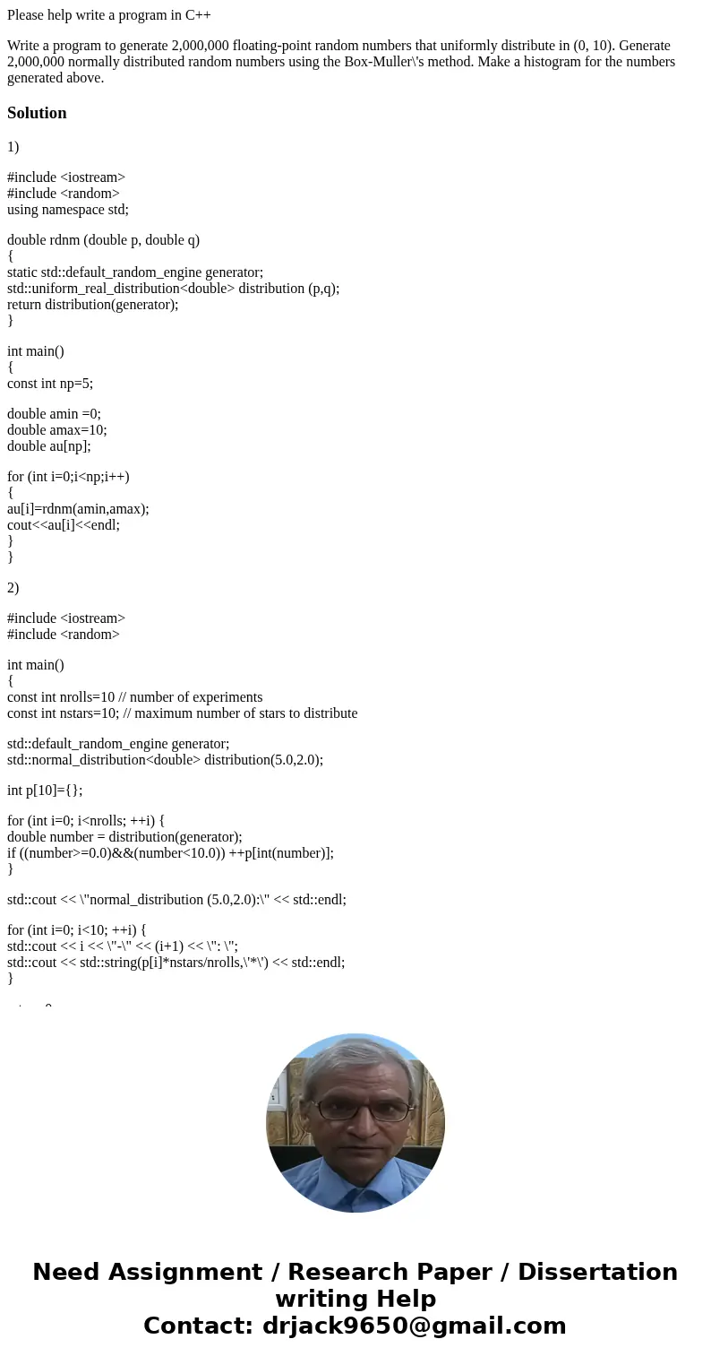 Please help write a program in C++ Write a program to generate 2,000,000 floating-point random numbers that uniformly distribute in (0, 10). Generate 2,000,000 