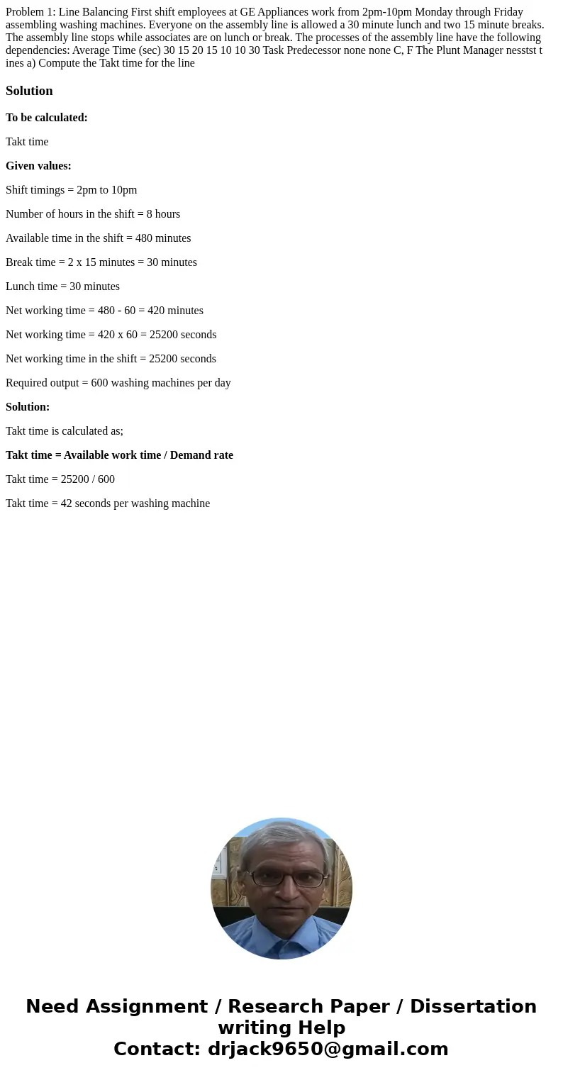 Problem 1: Line Balancing First shift employees at GE Appliances work from 2pm-10pm Monday through Friday assembling washing machines. Everyone on the assembly  Problem 1: Line Balancing First shift employees at GE Appliances work from 2pm-10pm Monday through Friday assembling washing machines. Everyone on the assembly
