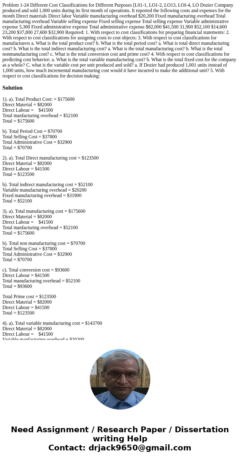 Problem 1-24 Different Cost Classifications for Different Purposes [L01-1, LO1-2, LO13, LOI-4, LO Dozier Company produced and sold 1,000 units during its first  Problem 1-24 Different Cost Classifications for Different Purposes [L01-1, LO1-2, LO13, LOI-4, LO Dozier Company produced and sold 1,000 units during its first