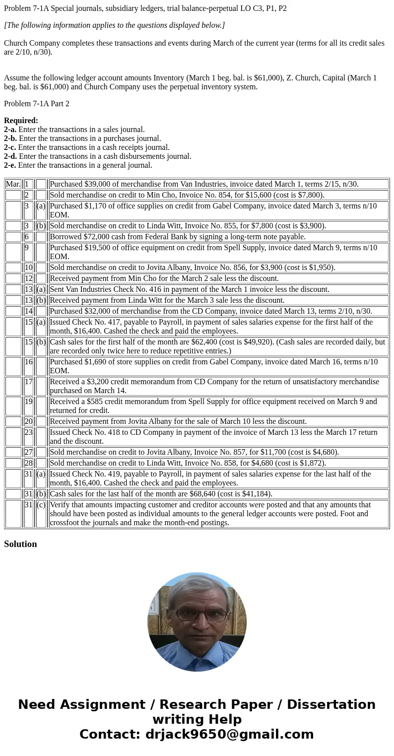 Problem 7-1A Special journals, subsidiary ledgers, trial balance-perpetual LO C3, P1, P2 [The following information applies to the questions displayed below.] C