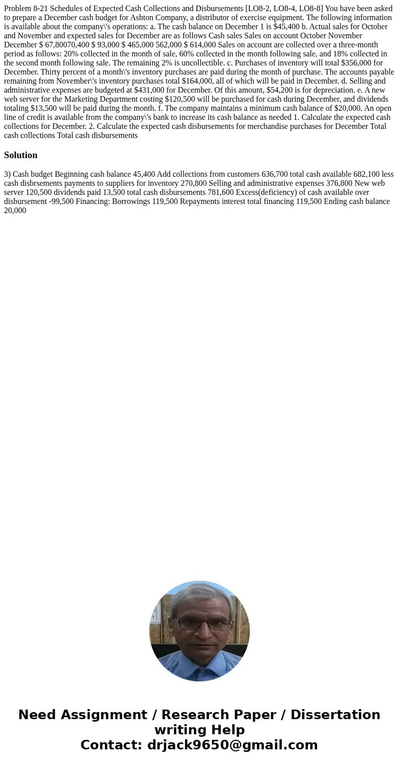  Problem 8-21 Schedules of Expected Cash Collections and Disbursements [LO8-2, LO8-4, LO8-8] You have been asked to prepare a December cash budget for Ashton Co