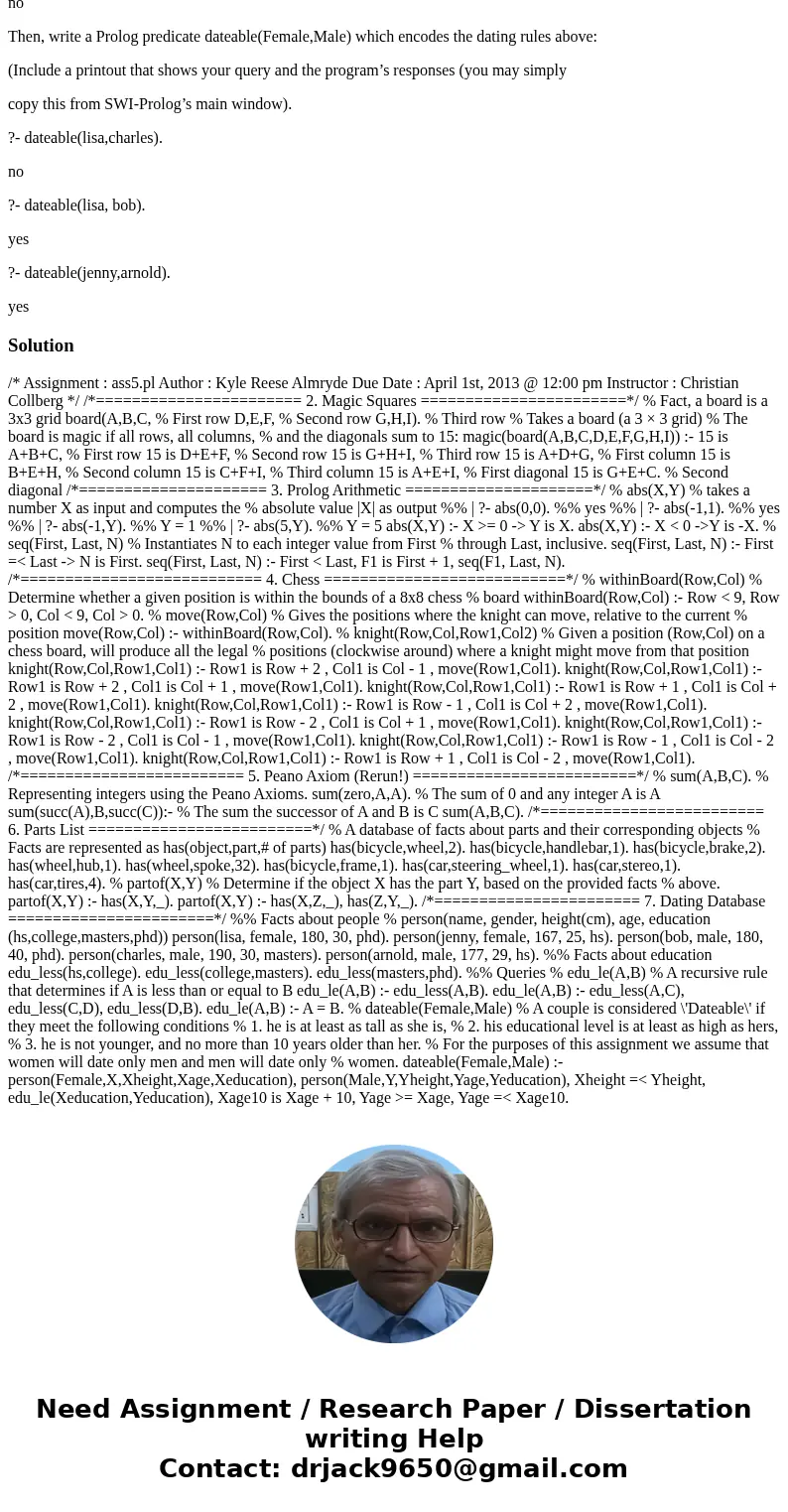 Prolog Program: You are running a computerized dating service and maintain a database consisting of the following facts that use the predicate person (name, gen Prolog Program: You are running a computerized dating service and maintain a database consisting of the following facts that use the predicate person (name, gen