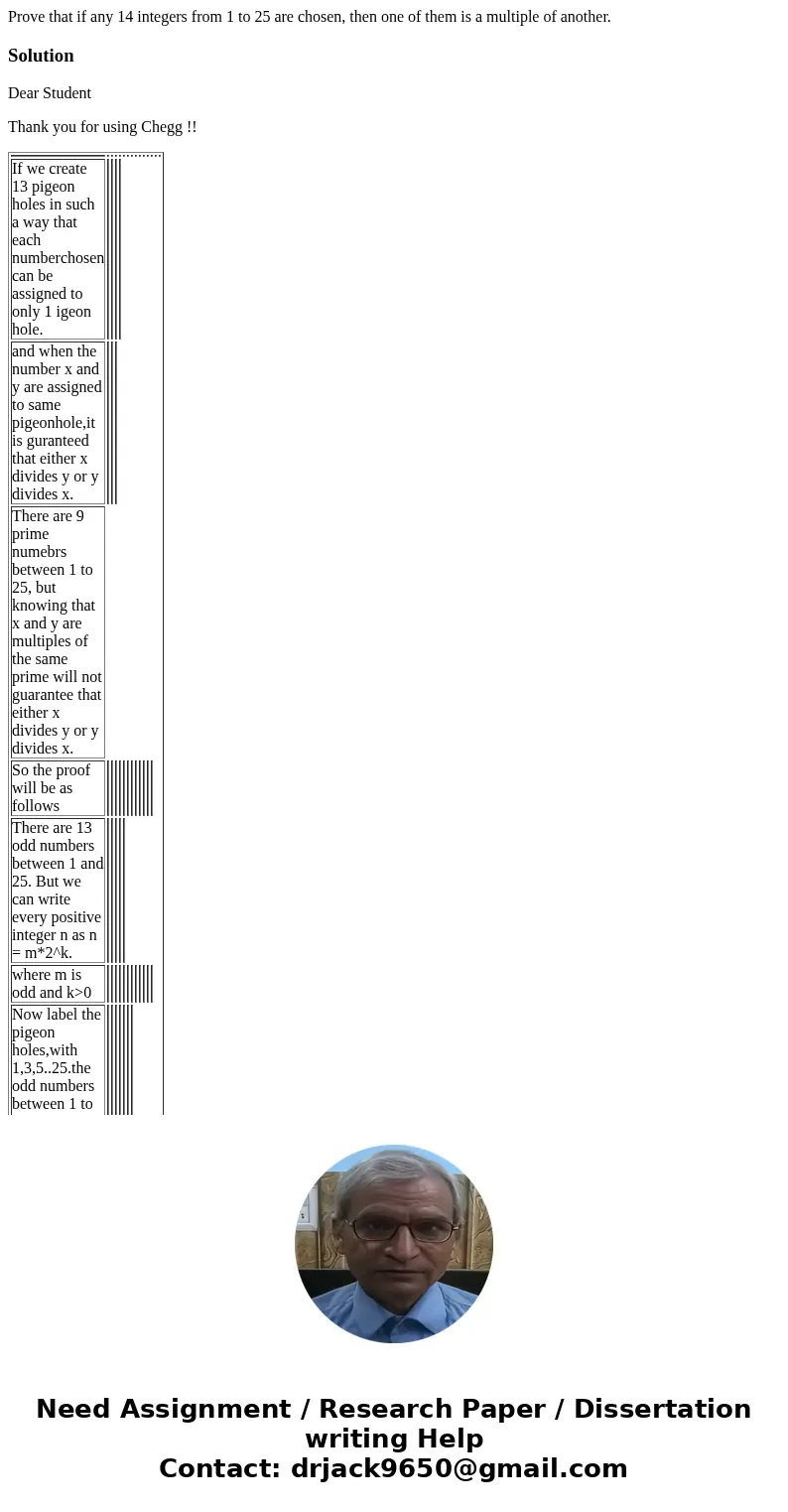 Prove that if any 14 integers from 1 to 25 are chosen, then one of them is a multiple of another.SolutionDear Student Thank you for using Chegg !! If we create 