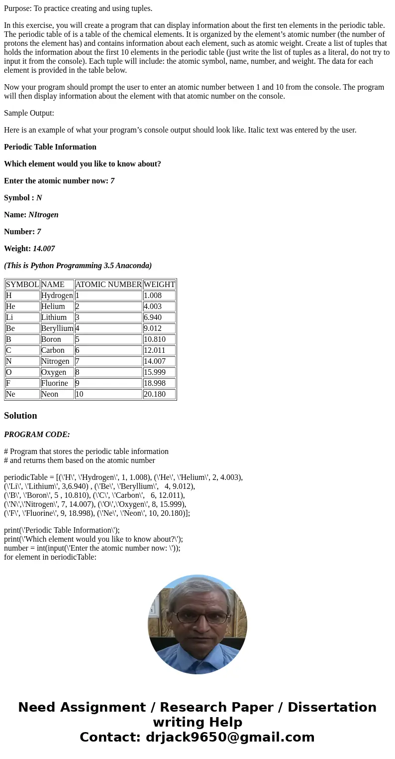 Purpose: To practice creating and using tuples. In this exercise, you will create a program that can display information about the first ten elements in the per Purpose: To practice creating and using tuples. In this exercise, you will create a program that can display information about the first ten elements in the per