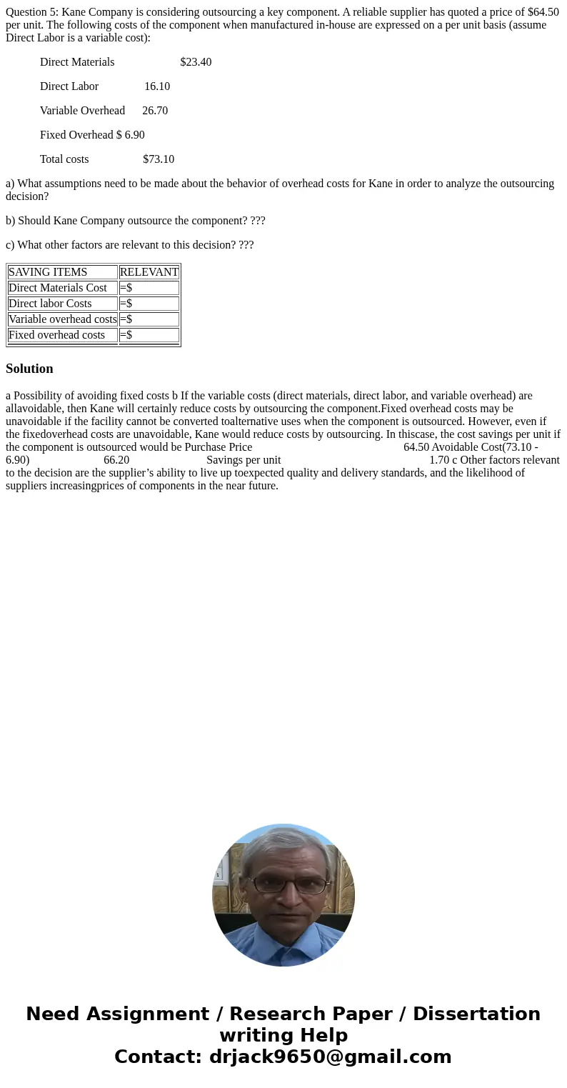 Question 5: Kane Company is considering outsourcing a key component. A reliable supplier has quoted a price of $64.50 per unit. The following costs of the compo Question 5: Kane Company is considering outsourcing a key component. A reliable supplier has quoted a price of $64.50 per unit. The following costs of the compo