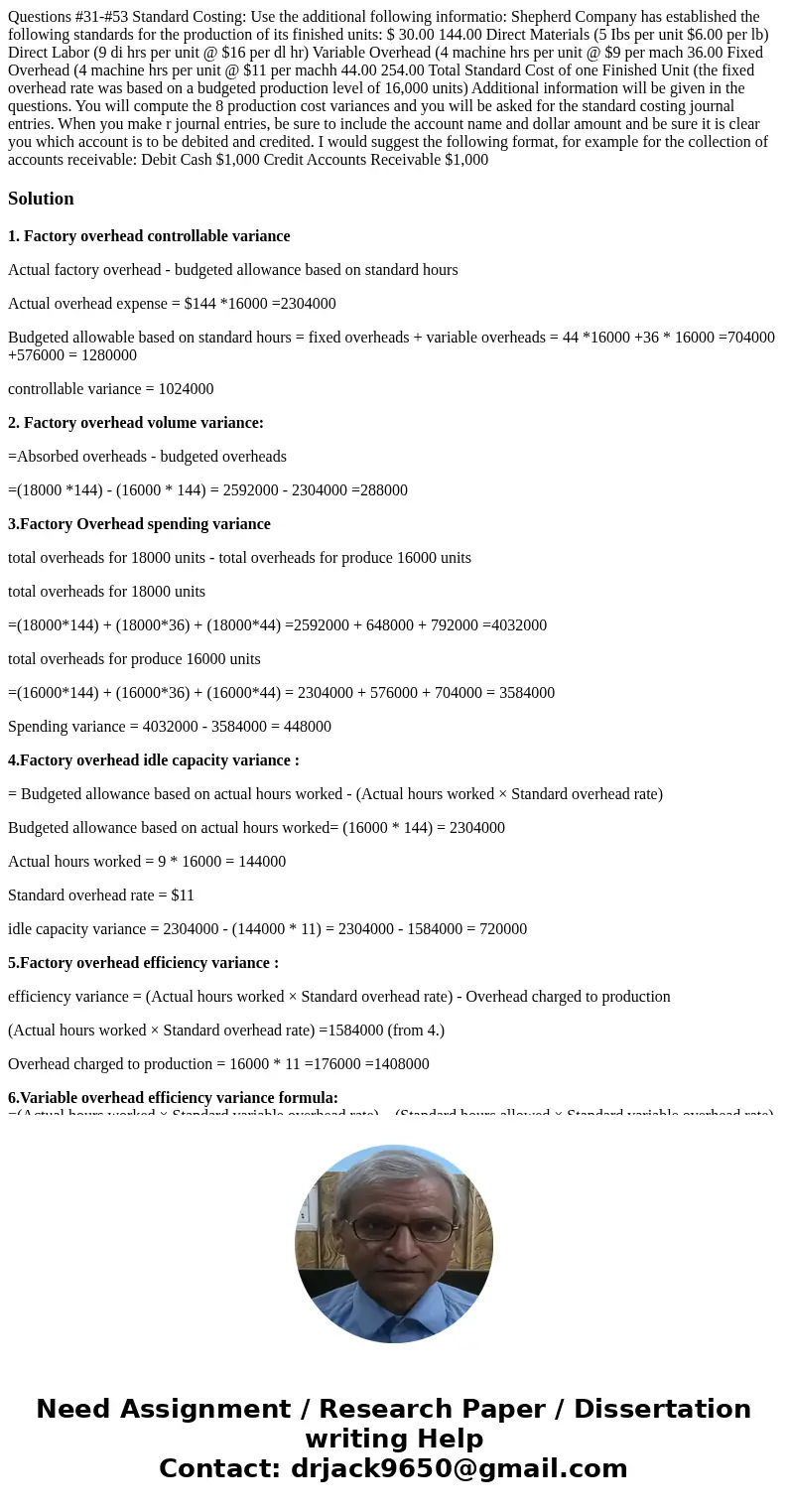 Questions #31-#53 Standard Costing: Use the additional following informatio: Shepherd Company has established the following standards for the production of its  Questions #31-#53 Standard Costing: Use the additional following informatio: Shepherd Company has established the following standards for the production of its