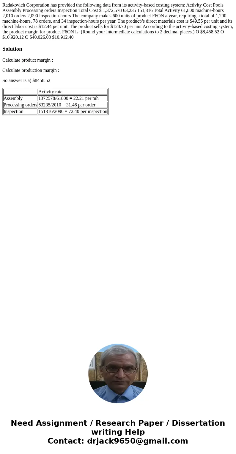 Radakovich Corporation has provided the following data from its activity-based costing system: Activity Cost Pools Assembly Processing orders Inspection Total   Radakovich Corporation has provided the following data from its activity-based costing system: Activity Cost Pools Assembly Processing orders Inspection Total