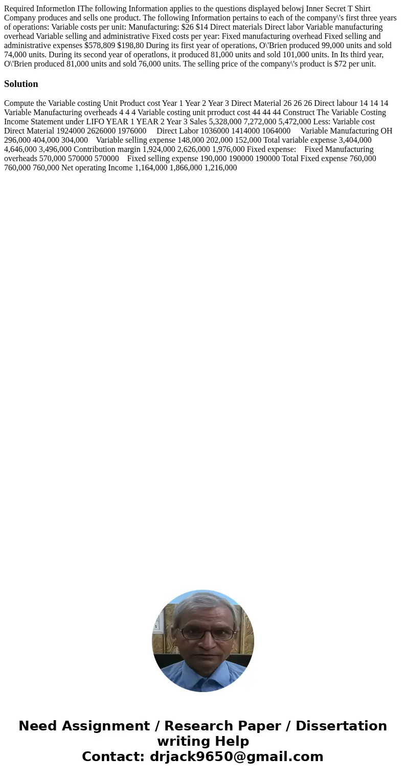 Required Informetlon IThe following Information applies to the questions displayed belowj Inner Secret T Shirt Company produces and sells one product. The foll  Required Informetlon IThe following Information applies to the questions displayed belowj Inner Secret T Shirt Company produces and sells one product. The foll