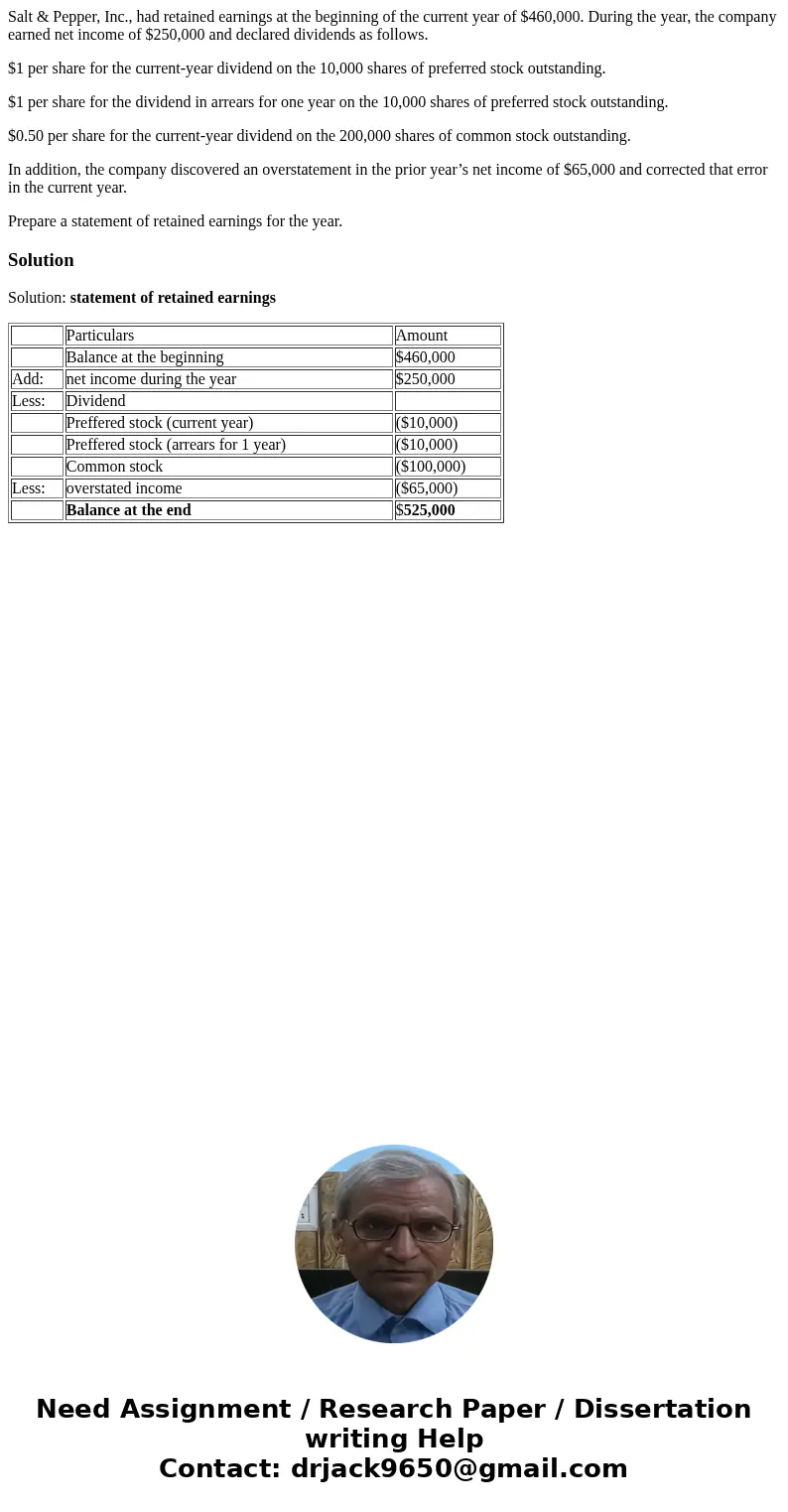 Salt & Pepper, Inc., had retained earnings at the beginning of the current year of $460,000. During the year, the company earned net income of $250,000 and  Salt & Pepper, Inc., had retained earnings at the beginning of the current year of $460,000. During the year, the company earned net income of $250,000 and