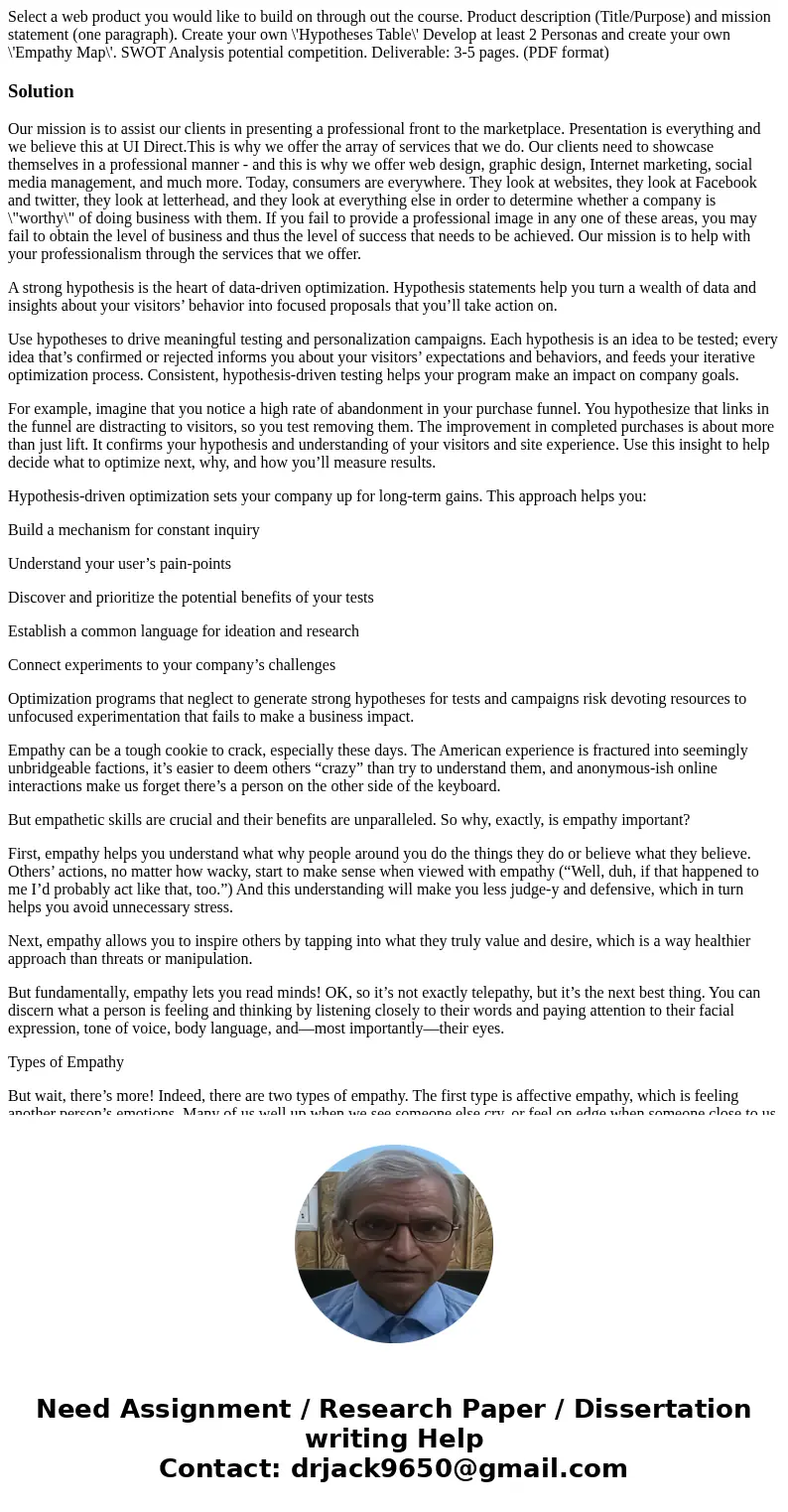 Select a web product you would like to build on through out the course. Product description (Title/Purpose) and mission statement (one paragraph). Create your   Select a web product you would like to build on through out the course. Product description (Title/Purpose) and mission statement (one paragraph). Create your